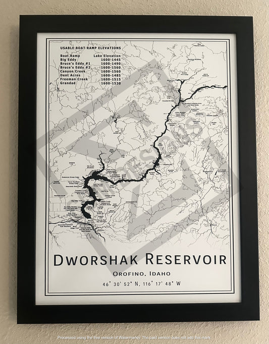 24"x18" Framed Canvas Dworshak Map