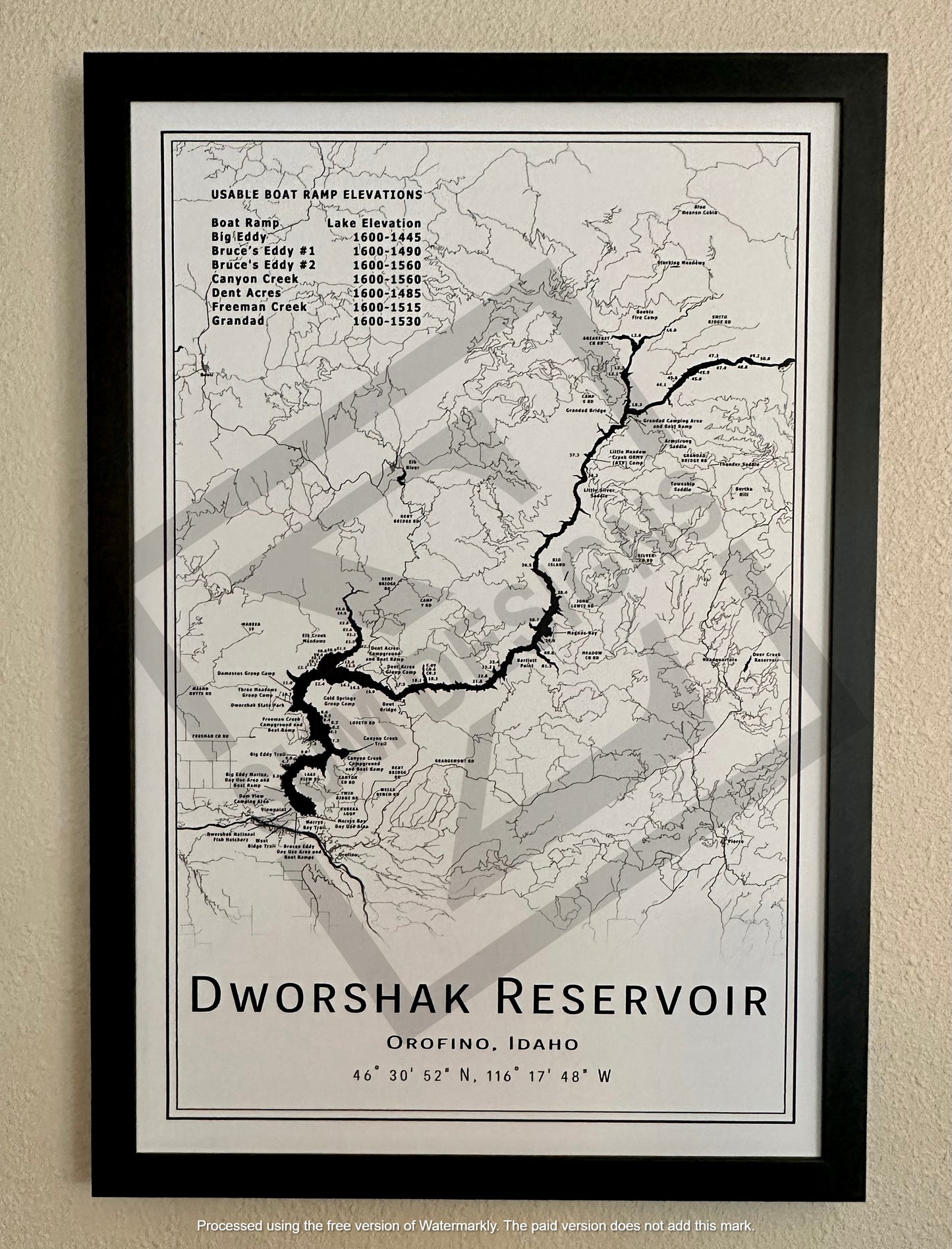 36"24" Framed Canvas Dworshak Map